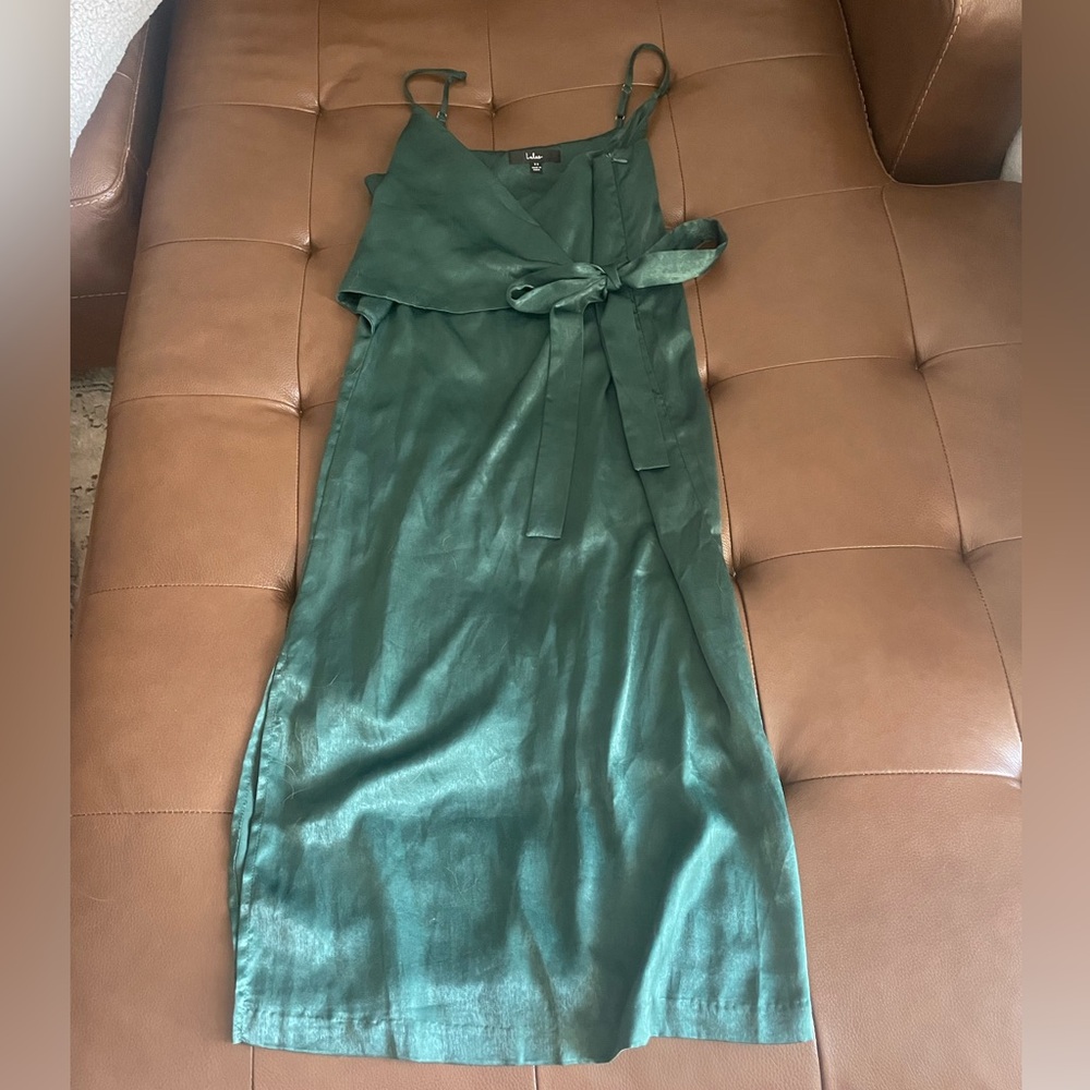 Lulus Tie Midi Silk Dark Green Dress